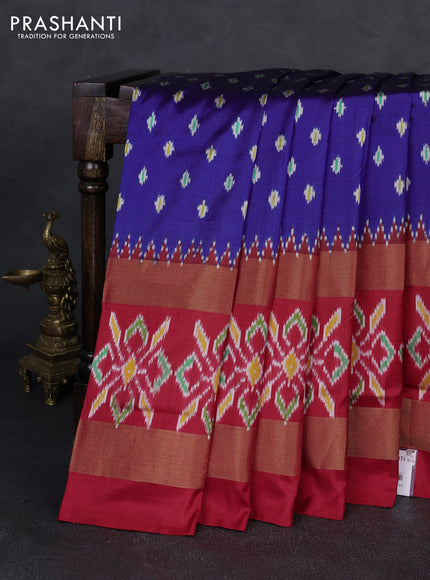 Pochampally silk saree blue and red with allover ikat woven buttas and long rettapet zari ikat woven border