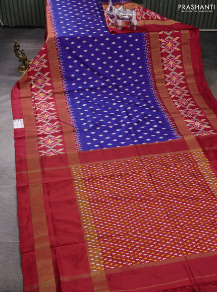 Pochampally silk saree blue and red with allover ikat woven buttas and long rettapet zari ikat woven border