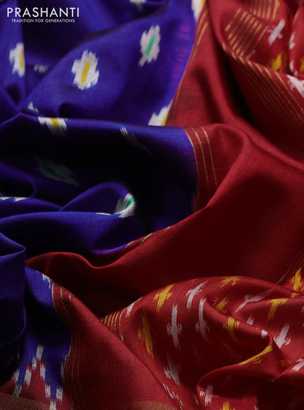 Pochampally silk saree blue and red with allover ikat woven buttas and long rettapet zari ikat woven border