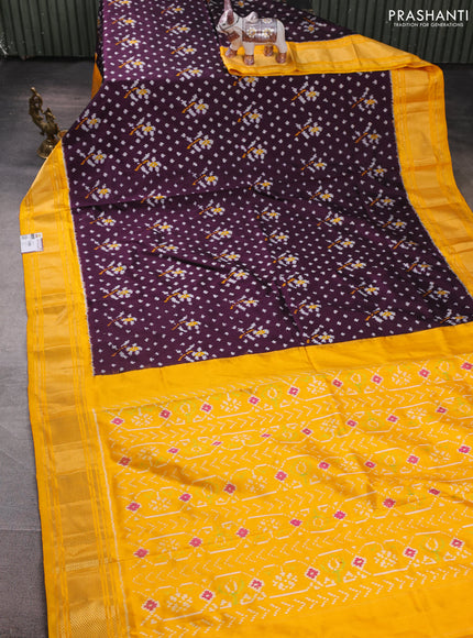 Pochampally silk saree deep purple and mustard yellow with allover ikat weaves and zari woven border