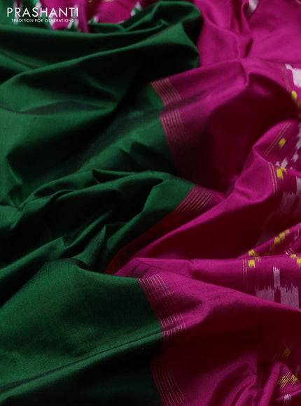 Pochampally silk saree green and pink with plain body and ikat rettapet zari woven border