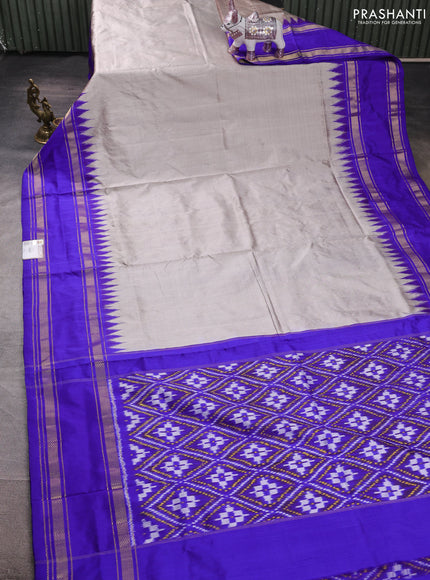 Pochampally silk saree grey and royal blue with plain body and ikat rettapet zari woven border