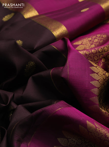 Pure kanchipuram silk saree coffee brown and magenta pink with zari woven buttas and rettapet zari woven border