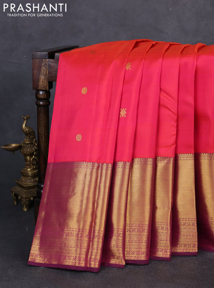 Pure kanchipuram silk saree dual shade of pinkish orange and magenta pink with zari woven buttas and long zari woven border