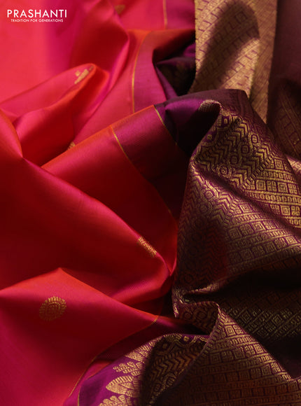Pure kanchipuram silk saree dual shade of pinkish orange and magenta pink with zari woven buttas and long zari woven border