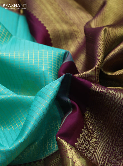 Pure kanchipuram silk saree teal green and wine shade with allover small zari checks & buttas and long zari woven border