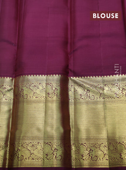 Pure kanchipuram silk saree teal green and wine shade with allover small zari checks & buttas and long zari woven border
