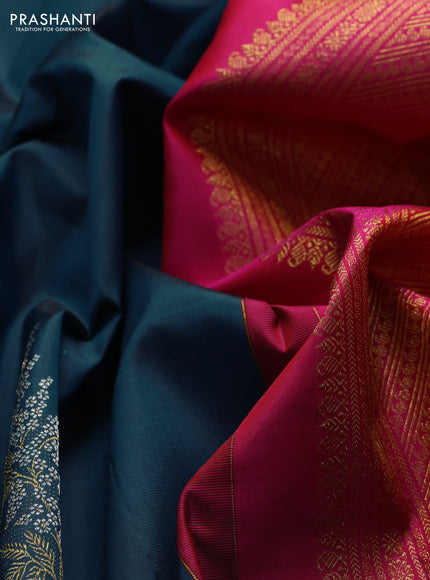 Pure kanchipuram silk saree peacock blue and pink with silver & gold zari woven buttas in borderless style