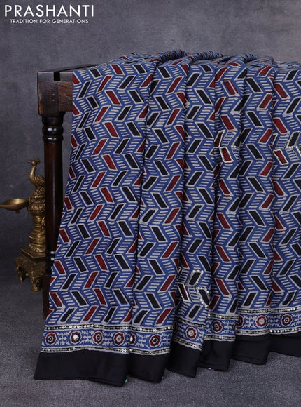 Modal silk saree indigo blue and black with allover ajrakh prints & sequin work and mirror sequin work pallu