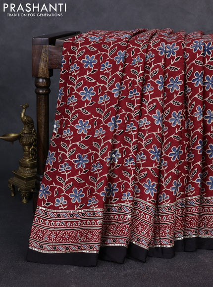 Modal silk saree maroon and black with allover ajrakh prints & sequin work and mirror sequin work pallu