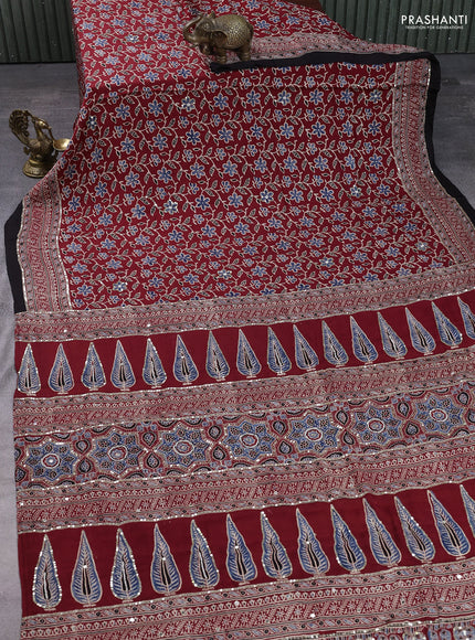 Modal silk saree maroon and black with allover ajrakh prints & sequin work and mirror sequin work pallu