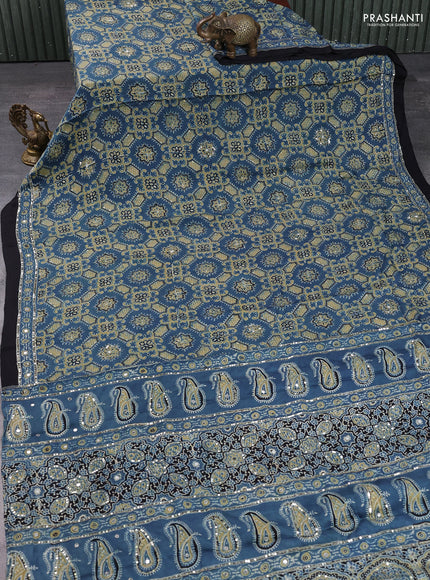 Modal silk saree indigo blue and black with allover ajrakh prints & sequin work and mirror sequin work pallu