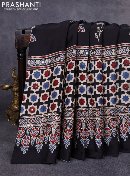 Modal silk saree black with allover ajrakh prints & sequin work and mirror sequin work pallu