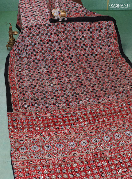 Modal silk saree maroon and black with allover ajrakh prints & sequin work and mirror sequin work pallu