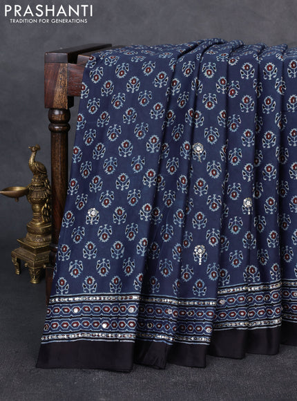 Modal silk saree indigo blue and black with allover ajrakh prints & sequin work and mirror sequin work pallu