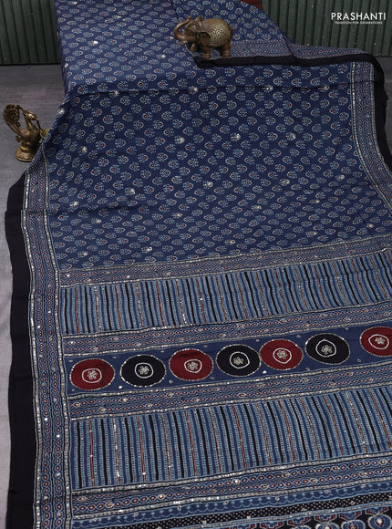 Modal silk saree indigo blue and black with allover ajrakh prints & sequin work and mirror sequin work pallu