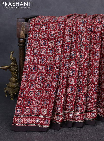 Modal silk saree maroon and black with allover ajrakh prints & sequin work and mirror sequin work pallu