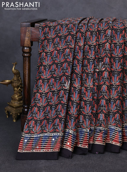 Modal silk saree black with allover ajrakh prints & sequin work and mirror sequin work pallu