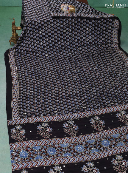 Modal silk saree black with allover ajrakh prints & sequin work and mirror sequin work pallu