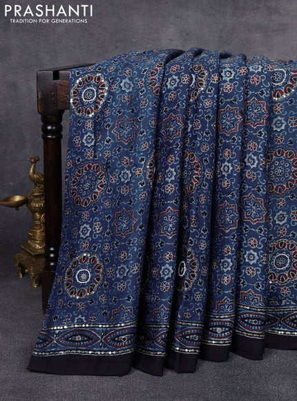 Modal silk saree indigo blue and black with allover ajrakh prints & sequin work and mirror sequin work pallu