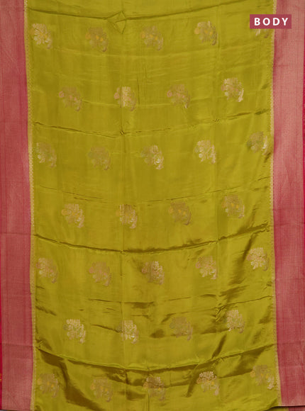 Semi mysore silk saree mustard green and pink with zari woven buttas and zari woven border