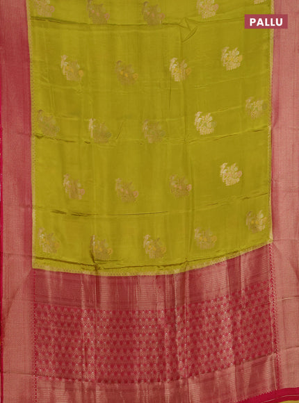 Semi mysore silk saree mustard green and pink with zari woven buttas and zari woven border