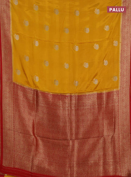 Semi mysore silk saree mustard yellow and maroon with allover floral zari woven buttas and zari woven border