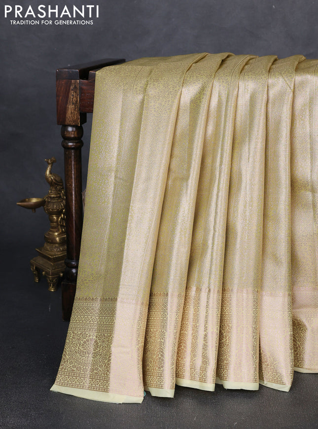 Bangalori tissue silk saree pale yellow with allover zari woven brocade weaves and zari woven border