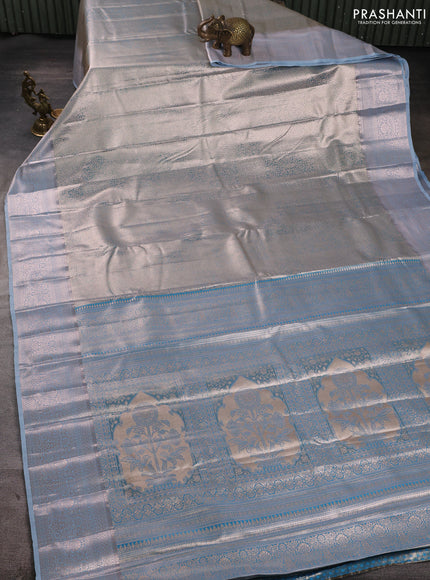 Bangalori tissue silk saree bluish grey with allover zari woven brocade weaves and zari woven border