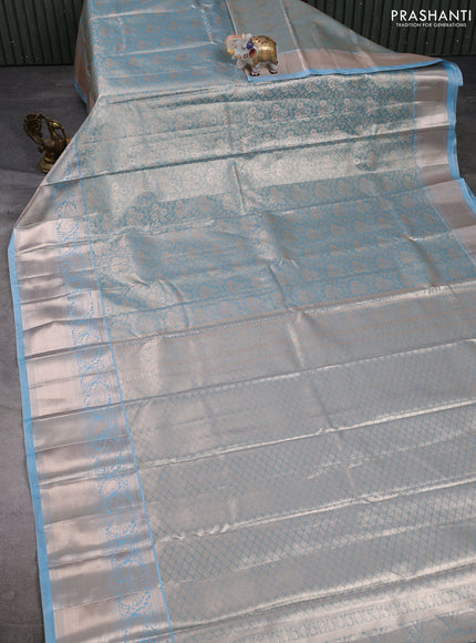 Bangalori tissue silk saree teal blue with allover zari woven brocade weaves and long zari woven border