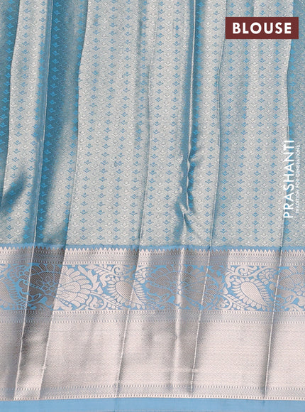 Bangalori tissue silk saree teal blue with allover zari woven brocade weaves and long zari woven border