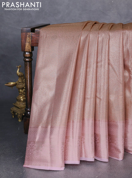 Bangalori tissue silk saree peach shade and baby pink with allover zari woven brocade weaves and zari woven border