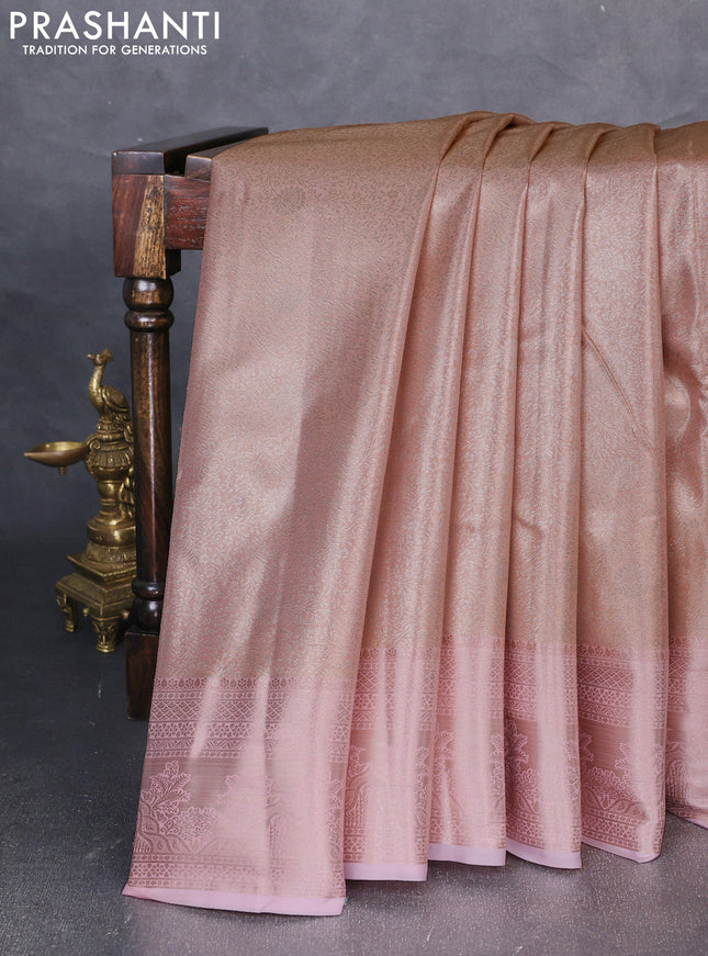 Bangalori tissue silk saree peach shade and baby pink with allover zari woven brocade weaves and zari woven border