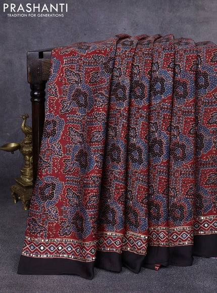Modal silk saree maroon and black with allover ajrakh prints & sequin work and mirror sequin work pallu