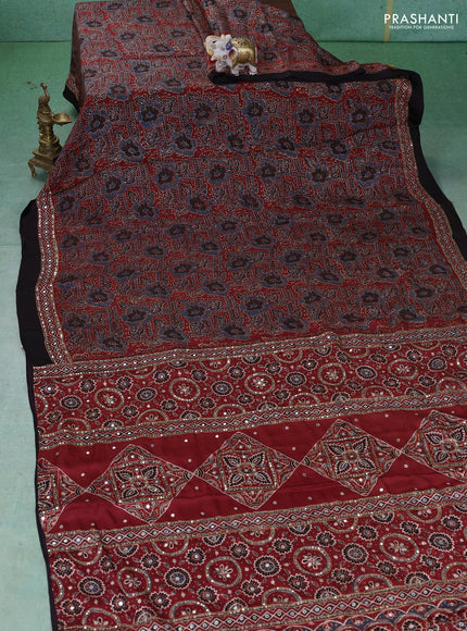 Modal silk saree maroon and black with allover ajrakh prints & sequin work and mirror sequin work pallu