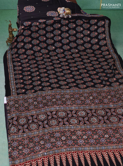 Modal partly silk saree black with allover ajrakh prints & sequin work and mirror sequin work pallu
