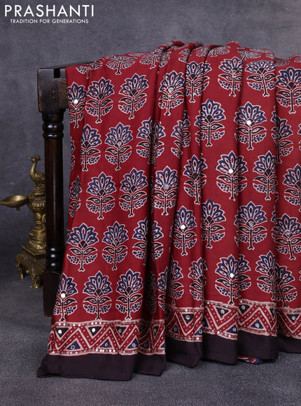 Modal silk saree maroon and coffee brown with allover ajrakh prints & sequin work and mirror sequin work pallu