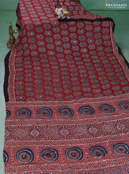 Modal silk saree maroon and coffee brown with allover ajrakh prints & sequin work and mirror sequin work pallu