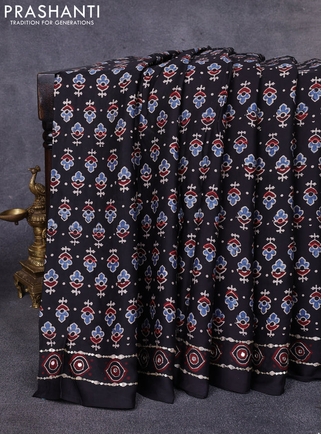 Modal silk saree black with allover ajrakh prints & sequin work and mirror sequin work pallu
