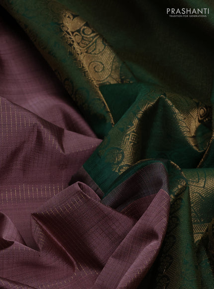 Pure kanchipuram silk saree rosy brown and green with allover zari stripe & buttas and zari woven border