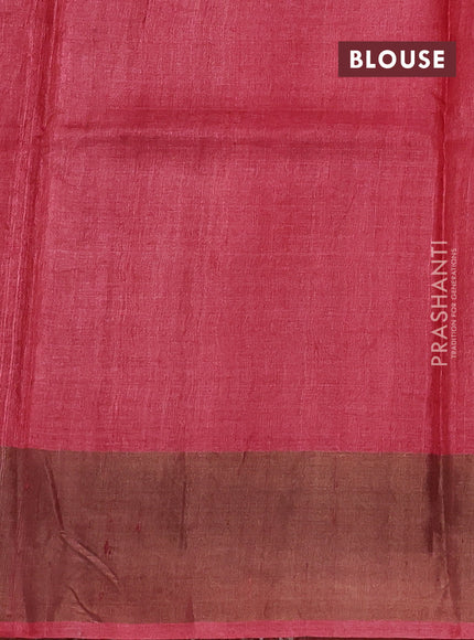 Pure tussar silk saree beige and tomato pink shade with plain body and long printed zari woven border