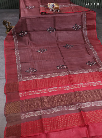 Pure tussar silk saree rosy brown and maroon with floral butta prints and zari woven border