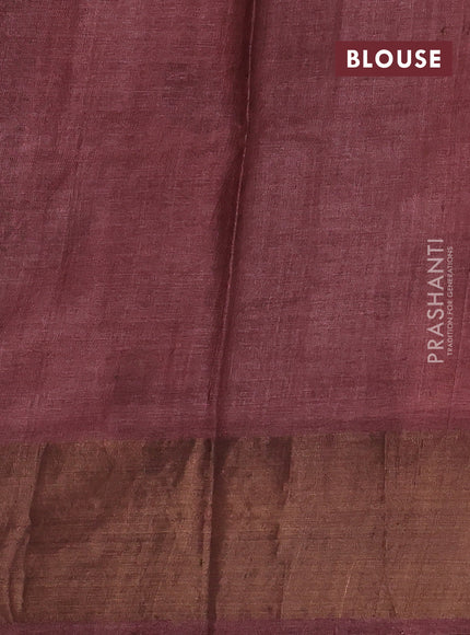 Pure tussar silk saree peach pink and rosy brown with allover prints and zari woven border