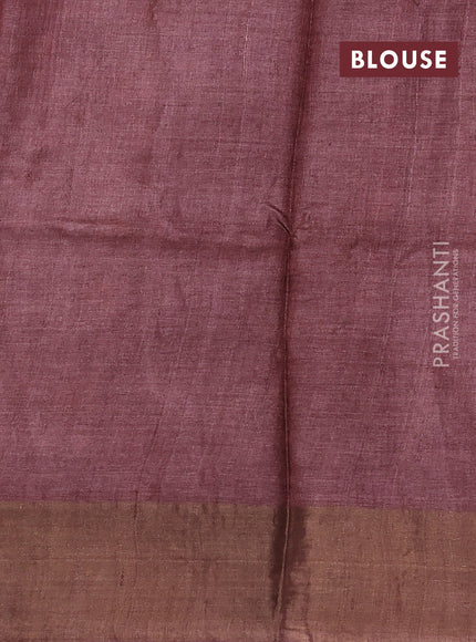 Pure tussar silk saree mustard yellow and pastel brown with plain body and long printed zari woven border