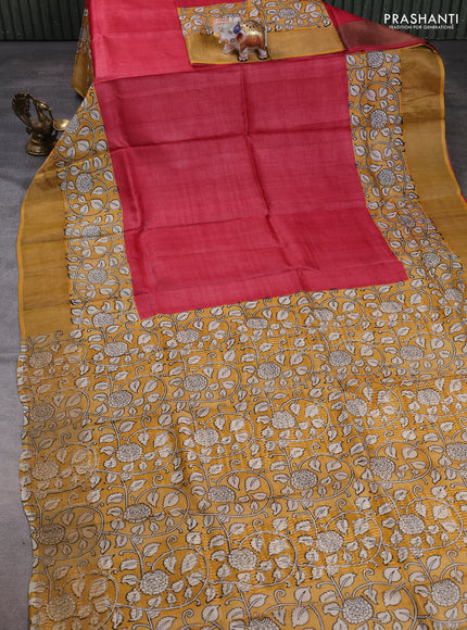 Pure tussar silk saree tomato pink and mustard yellow with plain body and long printed zari woven border