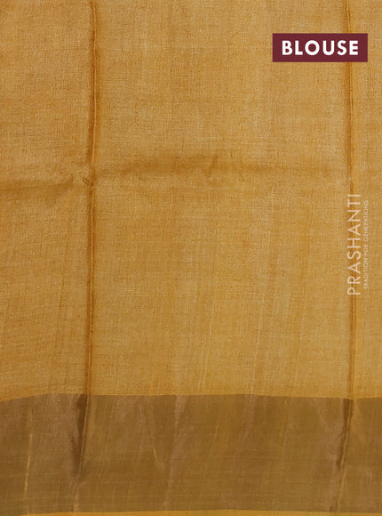 Pure tussar silk saree tomato pink and mustard yellow with plain body and long printed zari woven border