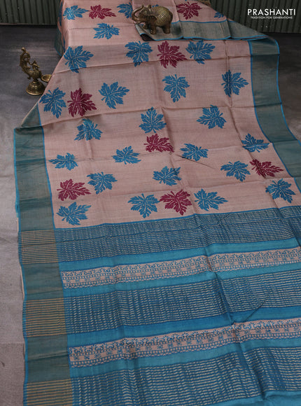 Pure tussar silk saree beige and teal blue with butta prints and zari woven border