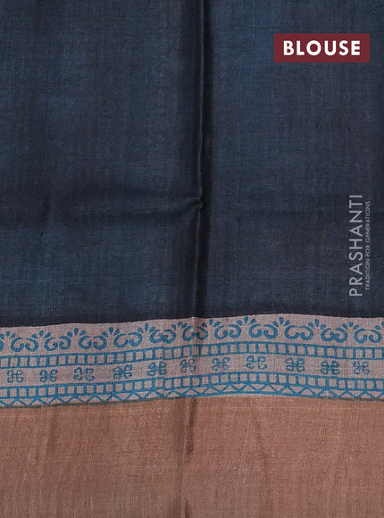 Pure tussar silk saree beige and teal blue with butta prints and zari woven border