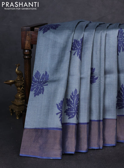 Pure tussar silk saree grey and blue with butta prints and zari woven border