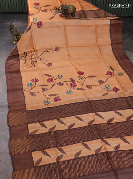 Pure tussar silk saree peach and brown with floral butta prints and zari woven border